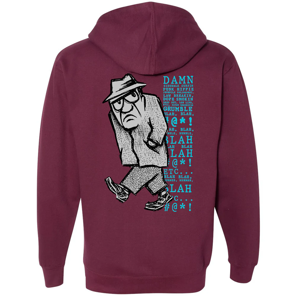 Peach and Bones Skateshop CDMX Blockhead Grumpy Man Zip Hoody Maroon L - Image 2