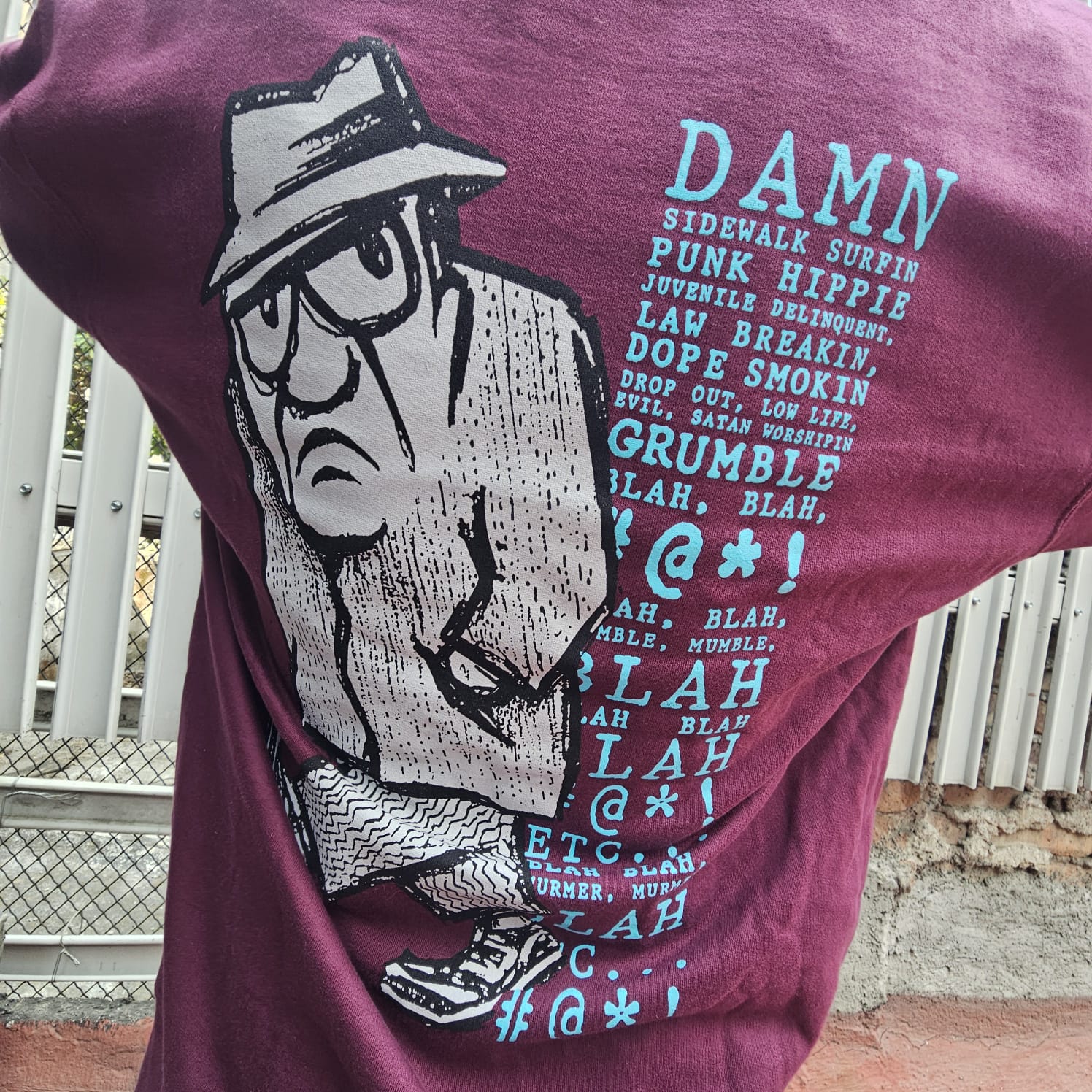 Peach and Bones Skateshop CDMX Blockhead Grumpy Man Zip Hoody Maroon L - Image 4