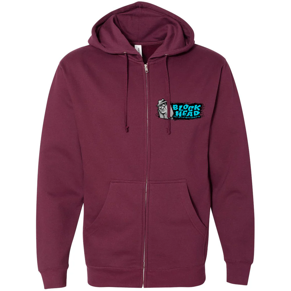 Peach and Bones Skateshop CDMX Blockhead Grumpy Man Zip Hoody Maroon L