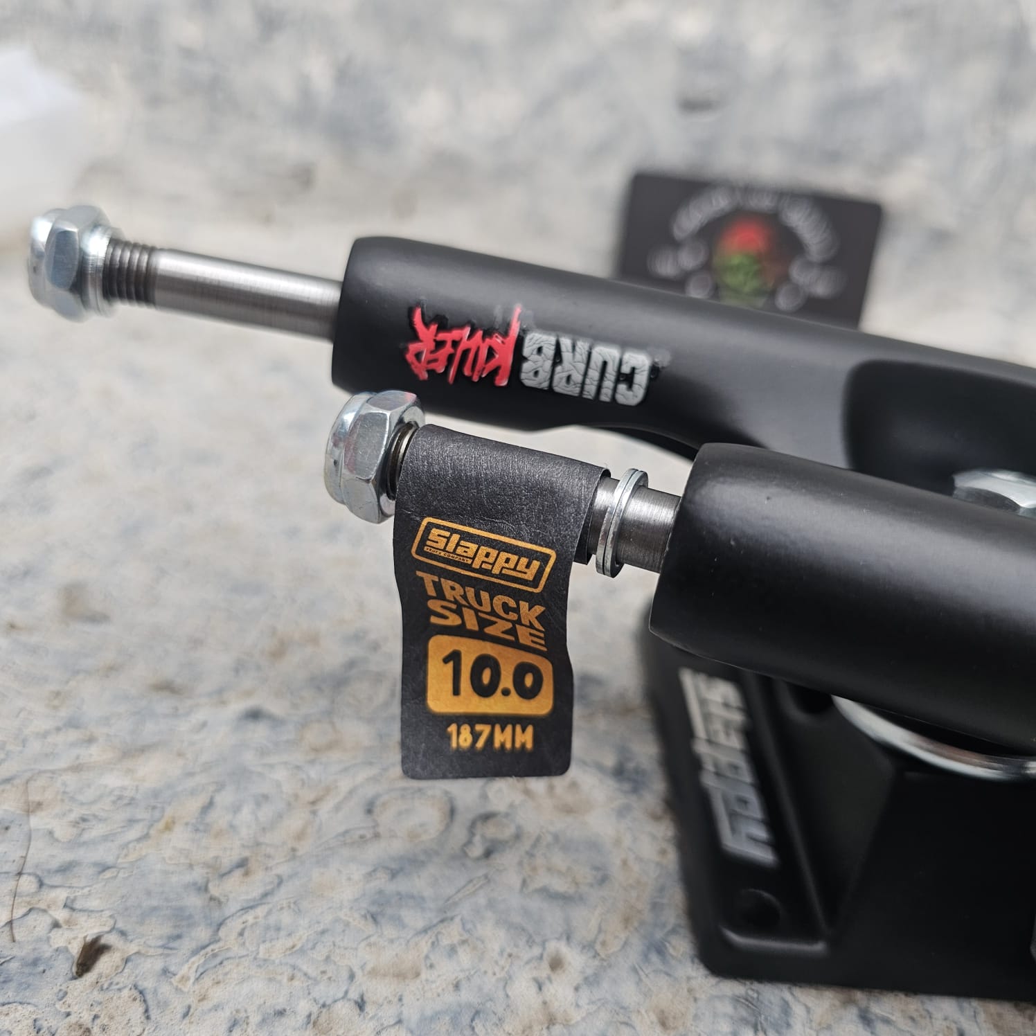 Peach and Bones Skateshop CDMX Slappy Trucks 10.00" ST1 Inverted Curb Killer Black Matte - Image 3